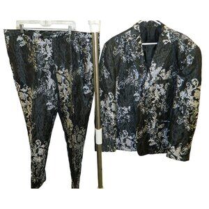 Stacy Adams Mens Jacquard Black & Silver Brocade Suit Jacket 50L & Pants Set 44L